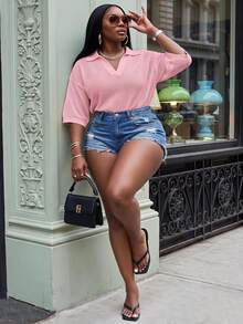 Slaydiva Loose Fit Solid Color V-Neck Drop Shoulder Hollow Out Knit Casual 70's 80s 90s Traditional Blouse For Plus Size Women Spring Summer Pastel Pink - Pink - View 1