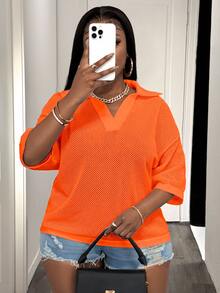 Slaydiva Red Summer Sexy Business Casual Plus Size Women V-Neck Hollow Out Knit Blouse Loose Fit Drop Shoulder Woolen Tops Spring Dates Going Out Night - Orange - View 6