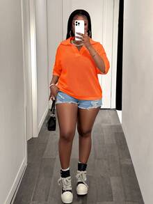 Slaydiva Red Summer Sexy Business Casual Plus Size Women V-Neck Hollow Out Knit Blouse Loose Fit Drop Shoulder Woolen Tops Spring Dates Going Out Night - Orange - View 7