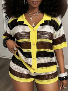 Slaydiva Loose Shirtcollar Open Front Short Sleeve Shorts Soft Yellow Colorblock Plus Size Women 2pcs Autumn Knitted Casual Vacation Suit Set-A - Yellow - View 3