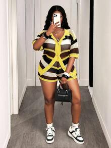 Slaydiva Loose Shirtcollar Open Front Short Sleeve Shorts Soft Yellow Colorblock Plus Size Women 2pcs Autumn Knitted Casual Vacation Suit Set-A - Yellow - View 5