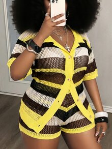 Slaydiva Loose Shirtcollar Open Front Short Sleeve Shorts Soft Yellow Colorblock Plus Size Women 2pcs Autumn Knitted Casual Vacation Suit Set-A - Yellow - View 4