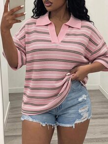 Slaydiva 夏季女款大尺碼休閒優雅傳統粉色針織 Polo 透氣 T 恤 Y2K 街頭風 生日畢業節慶海灘居家服 - 粉色 - 查看 6