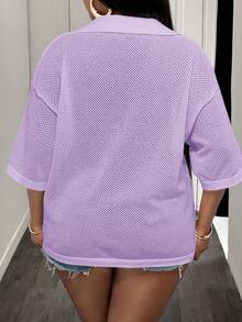 Slaydiva Loose Fit Solid Color V-Neck Drop Shoulder Hollow Out Knit Casual Blouse For Plus Size Women, Spring/Summer - Mauve Purple - View 2