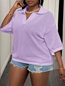 Slaydiva Loose Fit Solid Color V-Neck Drop Shoulder Hollow Out Knit Casual Blouse For Plus Size Women, Spring/Summer - Mauve Purple - View 4