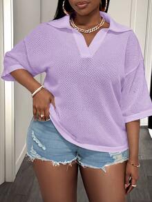 Slaydiva Loose Fit Solid Color V-Neck Drop Shoulder Hollow Out Knit Casual Blouse For Plus Size Women, Spring/Summer - Mauve Purple - View 5