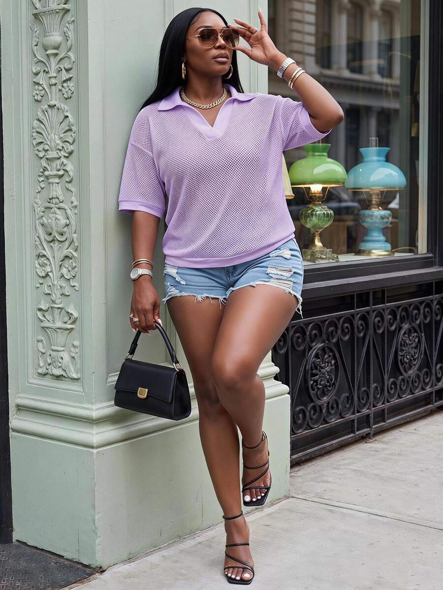 Slaydiva Loose Fit Solid Color V-Neck Drop Shoulder Hollow Out Knit Casual Blouse For Plus Size Women, Spring/Summer - Mauve Purple - View 1