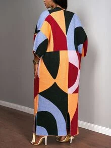 Slaydiva Burgundy Autumn Loose Geometric Color Block Patchwork Fringe Knitted Long Cardigan,Plus Size Women's Smart Casual Everyday Retro Knitted Outerwear - Multicolor - View 2