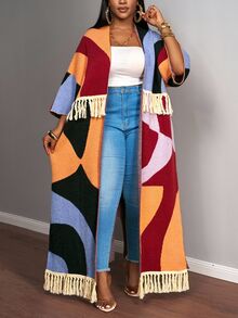 Slaydiva Burgundy Autumn Loose Geometric Color Block Patchwork Fringe Knitted Long Cardigan,Plus Size Women's Smart Casual Everyday Retro Knitted Outerwear - Multicolor - View 4