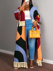 Slaydiva Burgundy Autumn Loose Geometric Color Block Patchwork Fringe Knitted Long Cardigan,Plus Size Women's Smart Casual Everyday Retro Knitted Outerwear - Multicolor - View 6