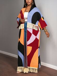 Slaydiva Burgundy Autumn Loose Geometric Color Block Patchwork Fringe Knitted Long Cardigan,Plus Size Women's Smart Casual Everyday Retro Knitted Outerwear - Multicolor - View 3