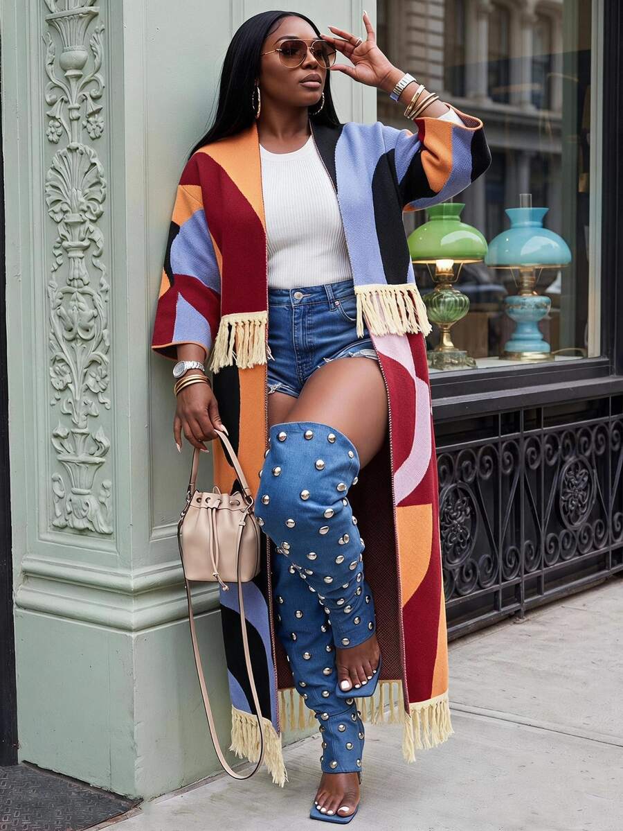 Slaydiva Burgundy Autumn Loose Geometric Color Block Patchwork Fringe Knitted Long Cardigan,Plus Size Women's Smart Casual Everyday Retro Knitted Outerwear - Multicolor - View 1