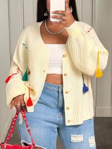 Slaydiva Women's Fashion Loose V-Neck Asymmetrical Knitted Cardigan With Tassel Trim,Button Up Beige Autumn Smart Casual Everyday Sweater For Fall - Multicolor - View 6