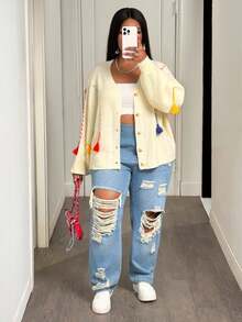 Slaydiva Women's Fashion Loose V-Neck Asymmetrical Knitted Cardigan With Tassel Trim,Button Up Beige Autumn Smart Casual Everyday Sweater For Fall - Multicolor - View 5