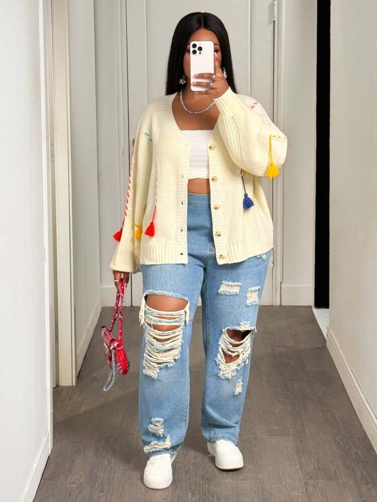 Slaydiva Women's Fashion Loose V-Neck Asymmetrical Knitted Cardigan With Tassel Trim,Button Up Beige Autumn Smart Casual Everyday Sweater For Fall - Multicolor - View 5
