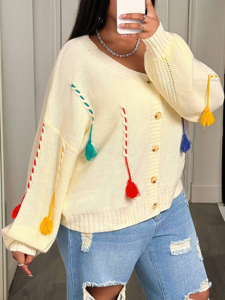 Slaydiva Women's Fashion Loose V-Neck Asymmetrical Knitted Cardigan With Tassel Trim,Button Up Beige Autumn Smart Casual Everyday Sweater For Fall - Multicolor - View 7