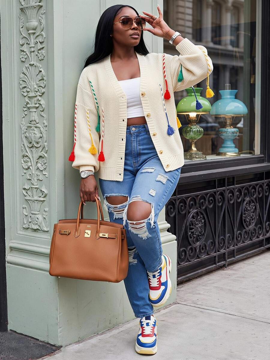 Slaydiva Women's Fashion Loose V-Neck Asymmetrical Knitted Cardigan With Tassel Trim,Button Up Beige Autumn Smart Casual Everyday Sweater For Fall - Multicolor - View 1