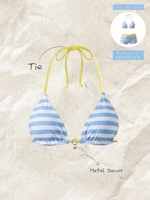 SHEIN Swim 女款春夏隨機印花掛脖比基尼上衣 海灘泳裝 淡藍色 沿海時尚風 - 彩色 - 查看 1