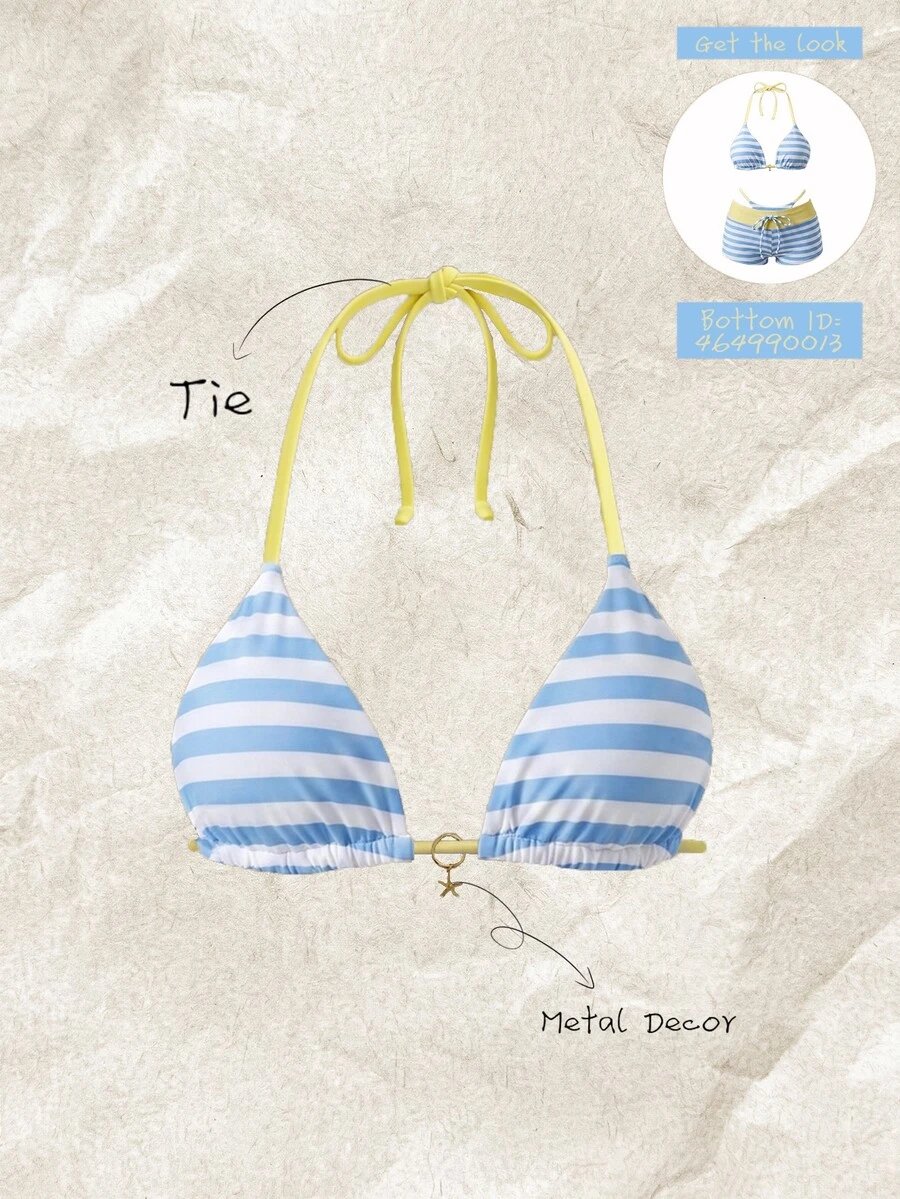 SHEIN Swim 女款春夏隨機印花掛脖比基尼上衣 海灘泳裝 淡藍色 沿海時尚風 - 彩色 - 查看 1