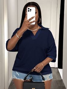 Slaydiva Plus Size Summer Casual Solid Color Knit Top Date Night Office Navy Blue - Navy Blue - View 6