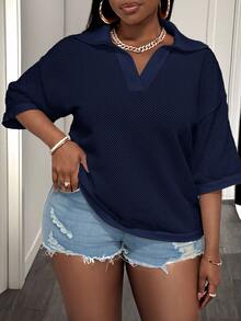 Slaydiva Plus Size Summer Casual Solid Color Knit Top Date Night Office Navy Blue - Navy Blue - View 5
