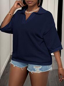 Slaydiva Plus Size Summer Casual Solid Color Knit Top Date Night Office Navy Blue - Navy Blue - View 4