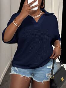 Slaydiva Plus Size Summer Casual Solid Color Knit Top Date Night Office Navy Blue - Navy Blue - View 8