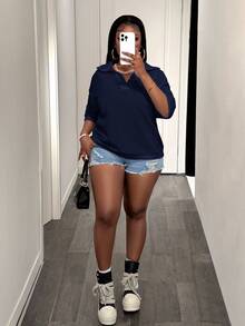 Slaydiva Plus Size Summer Casual Solid Color Knit Top Date Night Office Navy Blue - Navy Blue - View 7
