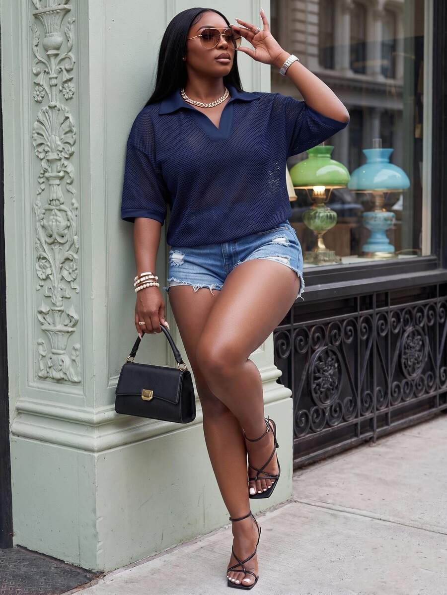 Slaydiva Plus Size Summer Casual Solid Color Knit Top Date Night Office Navy Blue - Navy Blue - View 1
