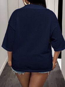 Slaydiva Plus Size Summer Casual Solid Color Knit Top Date Night Office Navy Blue - Navy Blue - View 2