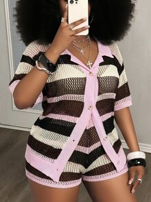 Slaydiva 新款宽松衬衫领开襟短袖短裤条纹撞色加大码女式两件套夏季针织休闲度假套装 - 秋冬款 - 粉色 - 查看 4