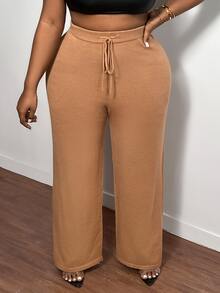 Slaydiva Casual Loose Fit Solid Color Wide Leg Knit Pants With Belted Waist And Split Hem, Plus Size - Mocha Brown - View 7