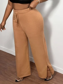 Slaydiva Casual Loose Fit Solid Color Wide Leg Knit Pants With Belted Waist And Split Hem, Plus Size - Mocha Brown - View 5