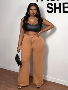 Slaydiva Casual Loose Fit Solid Color Wide Leg Knit Pants With Belted Waist And Split Hem, Plus Size - Mocha Brown - View 3