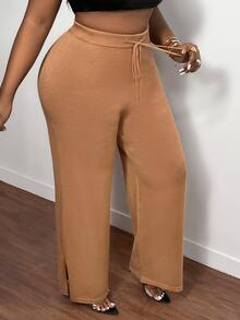 Slaydiva Casual Loose Fit Solid Color Wide Leg Knit Pants With Belted Waist And Split Hem, Plus Size - Mocha Brown - View 6