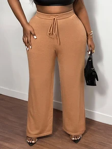 Slaydiva Casual Loose Fit Solid Color Wide Leg Knit Pants With Belted Waist And Split Hem, Plus Size - Mocha Brown - View 4