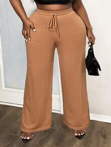 Slaydiva Casual Loose Fit Solid Color Wide Leg Knit Pants With Belted Waist And Split Hem, Plus Size - Mocha Brown - View 9