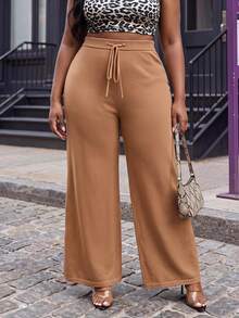 Slaydiva Casual Loose Fit Solid Color Wide Leg Knit Pants With Belted Waist And Split Hem, Plus Size - Mocha Brown - View 1