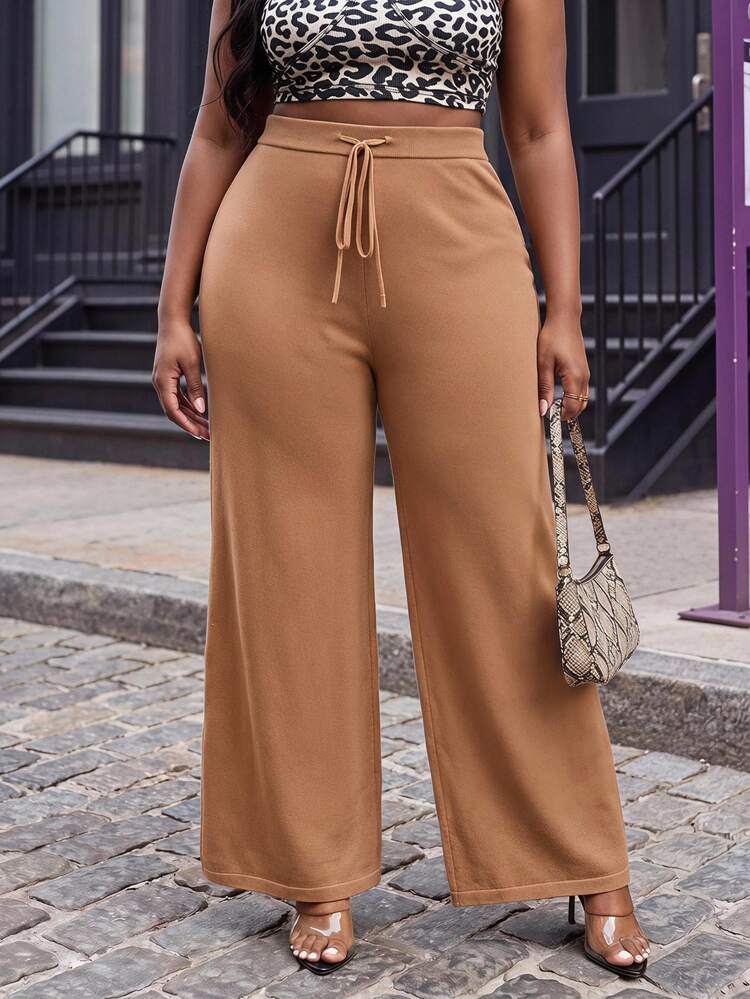 Slaydiva Casual Loose Fit Solid Color Wide Leg Knit Pants With Belted Waist And Split Hem, Plus Size - Mocha Brown - View 1
