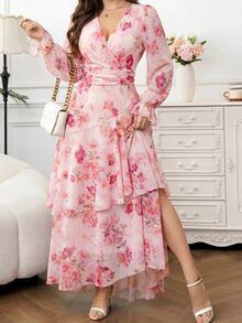 Amorya 女士优雅浪漫印花荷叶边连衣裙 - 彩色 - 查看 9