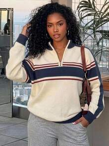 Dazy Plus Plus Size Women's Colorblock Casual Versatile Daily Wear Long Sleeve Sweater School Fall - Apricot - View 4