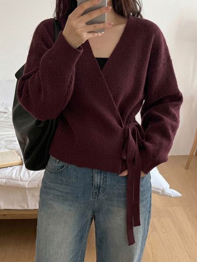 Dazy Plus Brown Casual Asymmetric Placket Lace-Up Design Fun Commute Autumn/Winter Pullover Sweater