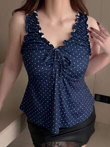 Dazy Plus 夏季波點滿版印花抓皺無袖V領套頭休閒修身大尺碼女款背心上衣 秋季圖案T恤 - 藏蓝色 - 查看 3