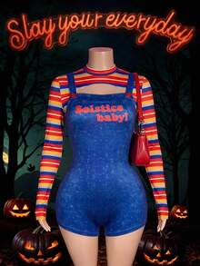 Slaydiva Women Halloween Two Pieces Striped Top Blue Gradient Print Suspender Romper Sexy Cosplay Club Matching Set Y2K Nightclub Party - Multicolor - View 8