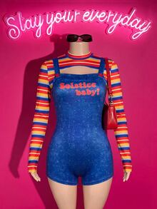 Slaydiva Women Halloween Two Pieces Striped Top Blue Gradient Print Suspender Romper Sexy Cosplay Club Matching Set Y2K Nightclub Party - Multicolor - View 7