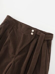 SHEIN Vintage Casual Daily Commute Side Lace-Up Double Button Waist Corduroy Wide Leg Long Pants - Brown - View 7