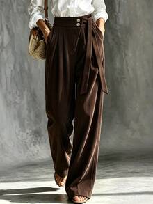 SHEIN Vintage Casual Daily Commute Side Lace-Up Double Button Waist Corduroy Wide Leg Long Pants - Brown - View 2