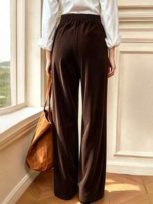 SHEIN Vintage Casual Daily Commute Side Lace-Up Double Button Waist Corduroy Wide Leg Long Pants - Brown - View 5
