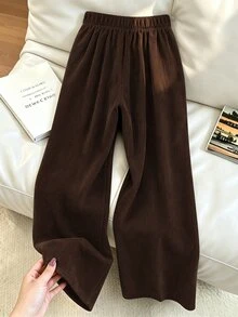 SHEIN Vintage Casual Daily Commute Side Lace-Up Double Button Waist Corduroy Wide Leg Long Pants - Brown - View 3