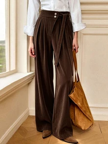 SHEIN Vintage Casual Daily Commute Side Lace-Up Double Button Waist Corduroy Wide Leg Long Pants - Brown - View 4